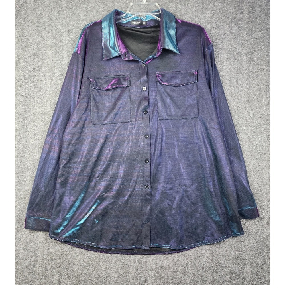 Shein Curve Button Down Shirt Women 4XL Purple Teal Iridescent Glam Long Sleeve